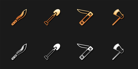 Set Machete, Shovel, Swiss army knife and Wooden axe icon. Vector