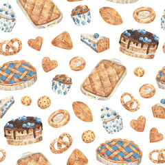 Seamless pattern with homemade pastries. Watercolor hand-drawn texture with sweet buns, cakes, pies with blueberry, cookies, pretzels. 