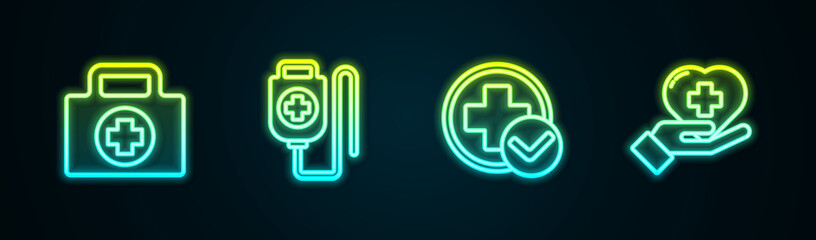 Set line First aid kit, IV bag, Cross hospital medical and Heart with cross. Glowing neon icon. Vector