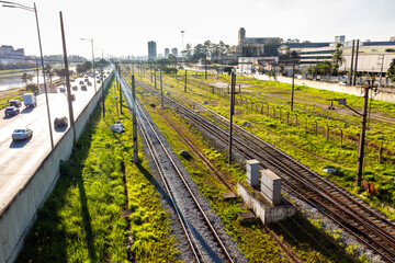 Sao Paulo, Brazil, June 17, 2016. vehicles traffic and train CPTM, in the Marginal Pinheiros and the United Nations Avenue, at the height of the Jaguare district, west side of Sao Paulo