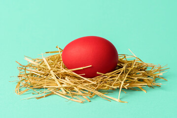 Obraz premium Red Easter egg on a pile of straws isolated on a green background.