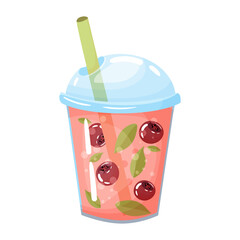 Berry cocktail. Summer cocktail in a transparent glass with a straw. Beverages. Vector illustration isolated on white background.