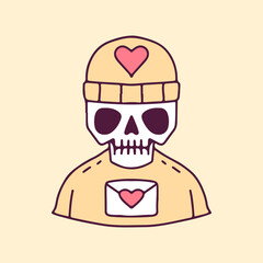 Hype skull in beanie hat with love letter, illustration for t-shirt, poster, sticker, or apparel merchandise. With cartoon style.