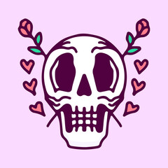 Skull head with crossed flowers, illustration for t-shirt, poster, sticker, or apparel merchandise. With cartoon style.