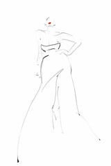 Woman model in evening dress. Fashion illustration in sketch style. Vector