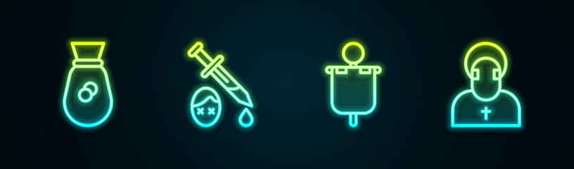 Set line Old money bag, Sword with blood, Medieval flag and Monk. Glowing neon icon. Vector