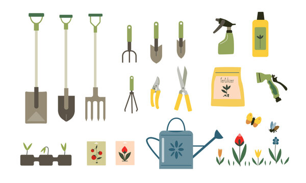 Set of gardening tools vector illustration. Seasonal gardening. Plants, watering can, shovel, chopper, dig,  gardening, cutters, scissors.