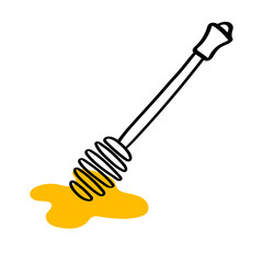 Wooden honey dipper, doodle style vector illustration isolated on white background. 