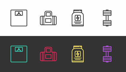 Set line Bathroom scales, Sport bag, Sports nutrition and Dumbbell on black and white. Vector