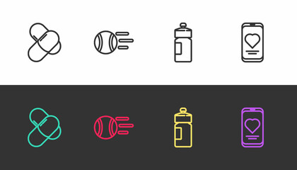 Set line Sports nutrition, Tennis ball, Fitness shaker and Mobile with heart rate on black and white. Vector
