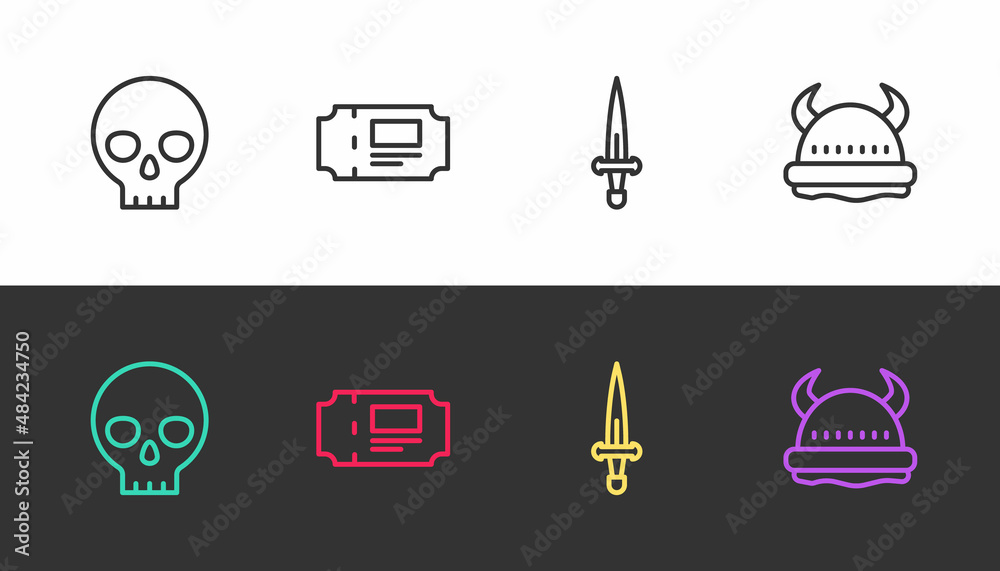 Sticker Set line Human skull, Museum ticket, Dagger and Viking in horned helmet on black and white. Vector