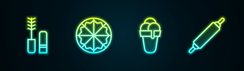 Set line Mascara brush, Pizza, Ice cream and Rolling pin. Glowing neon icon. Vector