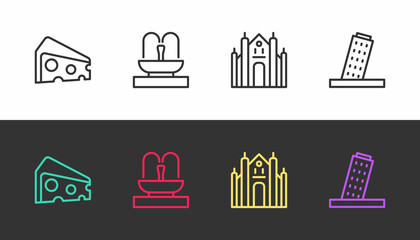 Set line Cheese, Fountain, Milan Cathedral and Tower Pisa on black and white. Vector