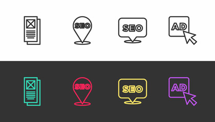 Set line Browser window, SEO optimization, and Advertising on black and white. Vector