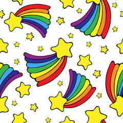 Seamless vector pattern as a magical night with shooting stars and rainbows for a gift or holiday white