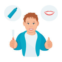 A teenager with braces. He holds a brush in his hand. Vector drawing.