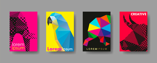 Colorful cover trendy design template animals, Vector backgrounds set. Design industry for posters, placards,banners, flyers. Hand drawn illustration.