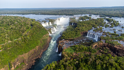 Beautiful aerial view of the Iguassu Falls from a helicopter, one of the Seven Natural Wonders of...