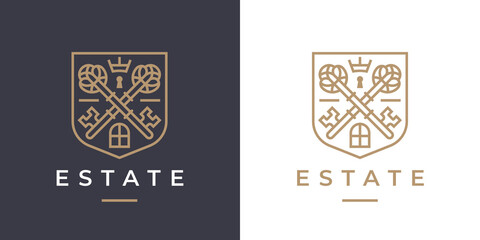 Elegant real estate key logo. Ornate heraldic crossed keys line icon. Vintage property insignia crest symbol. Vector illustration.