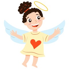 Valentine s Day. Cheerful baby girl cupid angel. Pastel blue wings. White skin. Brown curly hair. Pony tail. Yellow dress with red heart. Cartoon style. Cute and funny. For greeting card or poster
