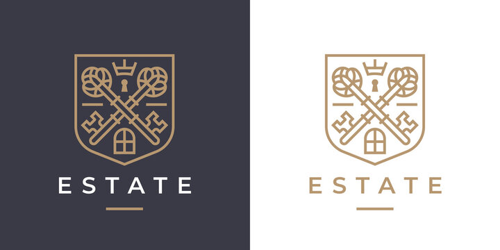 Elegant Real Estate Key Logo. Ornate Heraldic Crossed Keys Line Icon. Vintage Property Insignia Crest Symbol. Vector Illustration.