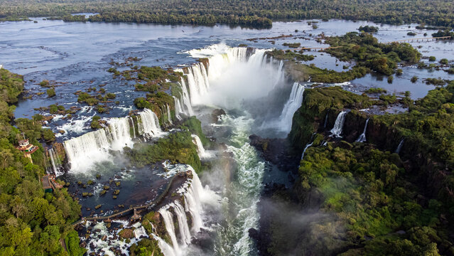 Beautiful aerial view of the Iguassu Falls from a helicopter, one of the Seven Natural Wonders of the World. Foz do Iguaçu, Paraná, Brazil