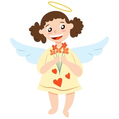 Valentine s Day. Cheerful baby girl cupid angel holding red flowers. Pastel blue wings. White skin. Brown curly hair. Yellow dress. Cartoon style. Cute and funny. For greeting card or poster design
