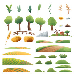 set of elements plants nature trees hills farm collection for illustrations - 484236975
