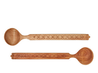 Top view of wooden carved spoons isolated on a white background.