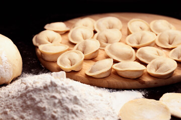 Raw meat dumplings and flour on dark background close-up. Traditional Russian pelmeni. Selective focus.