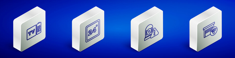 Set Isometric line Multimedia and TV box receiver, Thermostat, Ringing alarm bell and Smart garage icon. Vector