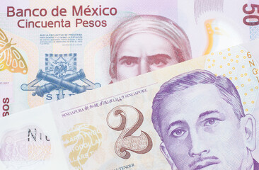 A macro image of a pink, plastic fifty peso bank note from Mexico paired up with a purple and white, plastic two dollar bill from Singapore.  Shot close up in macro.