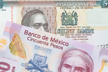 A macro image of a pink, plastic fifty peso bank note from Mexico paired up with a colorful fifty shilling bank note from Kenya.  Shot close up in macro. - obrazy, fototapety, plakaty