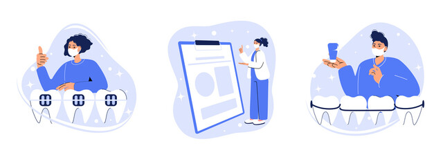 Set of concept vector illustrations of orthodontic care procedure. Dental braces and dental plate, baby braces, teeth replacement, cosmetic dentistry abstract metaphor.