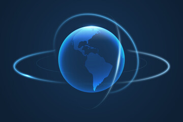 Fototapeta na wymiar Realistic transparent world map. Futuristic blue concept of planet Earth. Hi-tech hologram of planet Earth with blue splashes