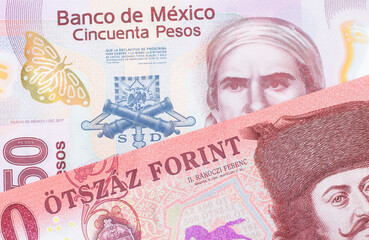 A macro image of a pink, plastic fifty peso bank note from Mexico paired up with a red and white five hundred forint note from Hungary.  Shot close up in macro.