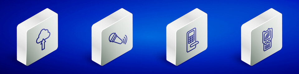 Set Isometric line Cloud upload, Wireless microphone, Digital door lock and Walkie talkie icon. Vector