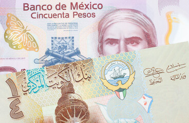 A macro image of a pink, plastic fifty peso bank note from Mexico paired up with a colorful, plastic quarter dinar from Kuwait.  Shot close up in macro.