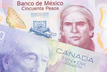 A macro image of a pink, plastic fifty peso bank note from Mexico paired up with a purple ten dollar bill from Canada.  Shot close up in macro.