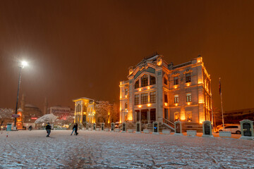 Aksaray Square view during snowing in Aksaray City of Turkey
