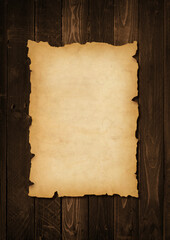 Old mediaeval paper sheet. Parchment scroll on a wood board