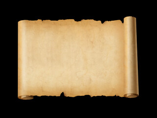 Old mediaeval paper sheet. Horizontal parchment scroll isolated on black