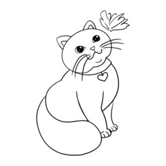 Cartoon cat. Coloring book . Design element. Print for clothes, stationery. Children's print. Hand-drawn. Image for postcards, textiles, stationery. Black and white vector illustration. Isolated.