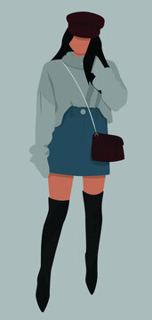 Vector flat image of a young girl in long boots, a short skirt and a sweater. Dark-haired girl in a burgundy hat. Design for postcards, posters, backgrounds, avatars, textiles, templates.
