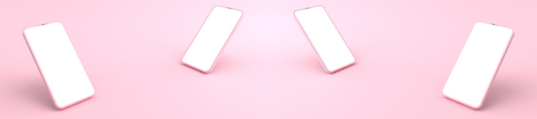 3D rendering of mockups pink Smartphone white screen on pink floor, pink Mobile phone lay down on the ground. Smartphone white screen can be used for commercial advertising,Isolated on pink background