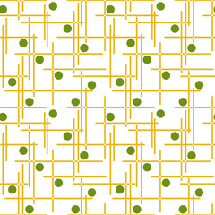 Seamless abstract geometric pattern. Simple background on green, white, yellow colors. Vector illustration. Circles, lines. Designed for textile fabrics, wrapping paper, background, wallpaper, cover.