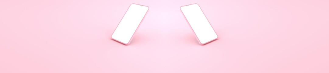 3D rendering of mockups pink Smartphone white screen on pink floor, pink Mobile phone lay down on the ground. Smartphone white screen can be used for commercial advertising,Isolated on pink background