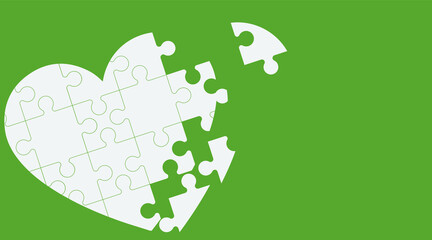 Top view white heart puzzle with a missing piece over background. Health care green. heart green puzzle pieces design background