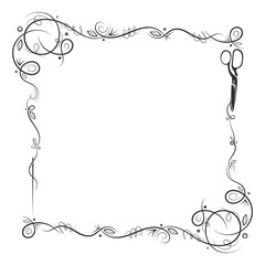 Decorative frame with sewing needle and scissors pattern. Sewing and tailoring design