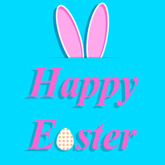 Rabbit ears sticking out from behind a leaf. Happy Easter lettering. Simple composition. Bright blue and pink. Postcard, post. Light and shadow.